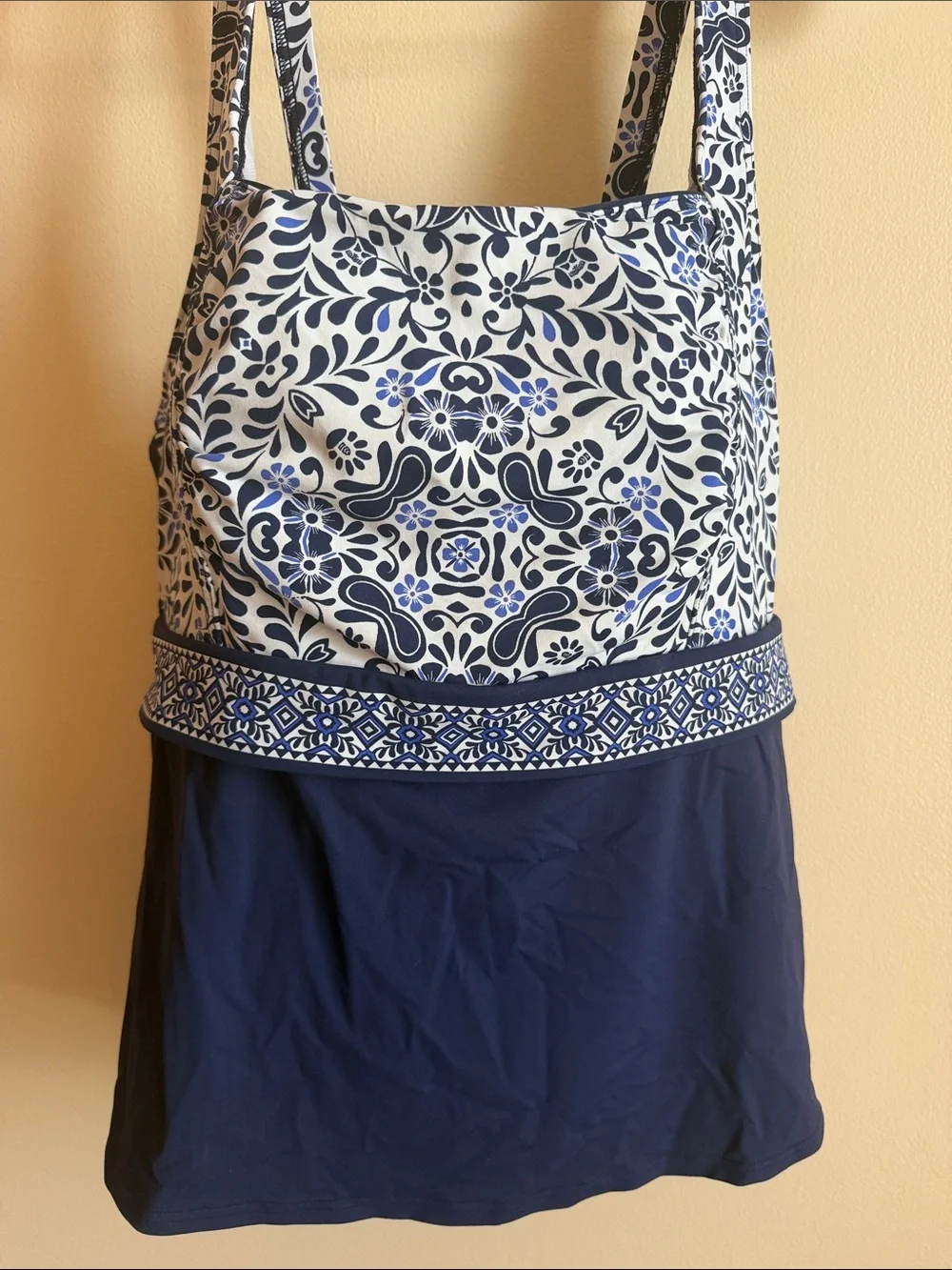 LANDS’ END Navy and White Patterned Swim Top